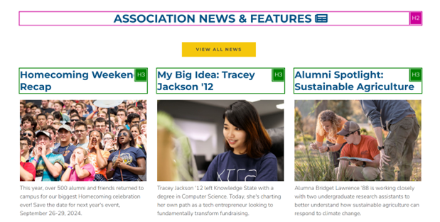 Anthology Encompass page with an H2 titled "Association News & Features" followed by three H3 news stories.